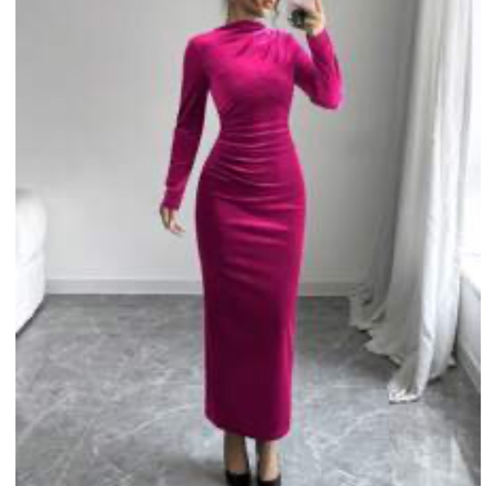 Elenzga Velvet Asymmetric Ruched Side Slit Dress